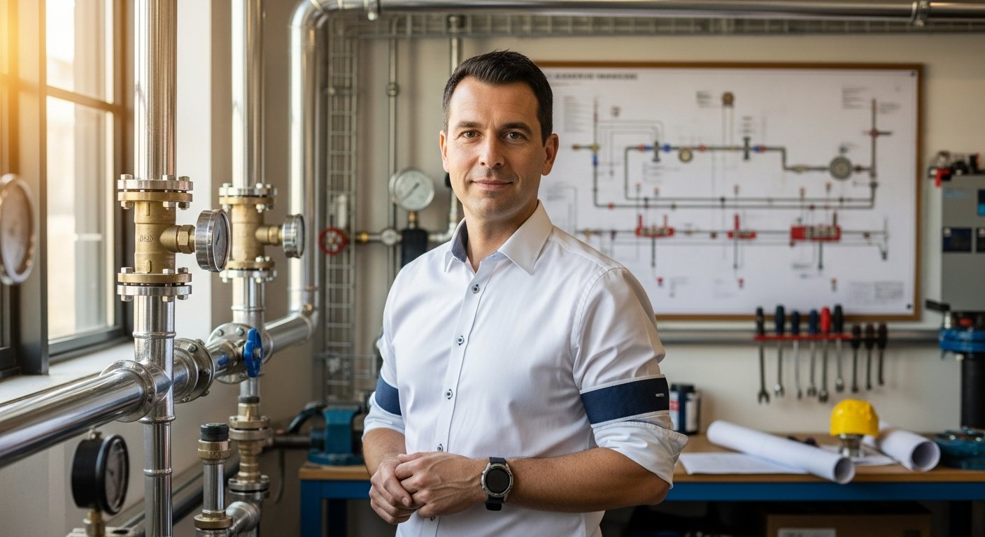 Professional plumbing engineer standing confidently beside a work van at a business park in Hoylake