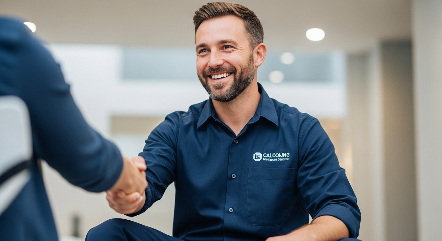 Friendly plumber greeting a homeowner at the front door of a Wirral home with a work van in the driveway