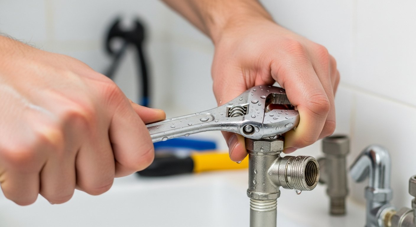 Close-up of a plumber's hands connecting copper pipe fittings with precision tools in a professional setting